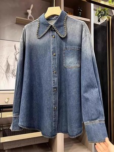 欧货重磅铆钉翻领蓝色牛仔棉衬衫女装2024春季高级设计感长袖外套