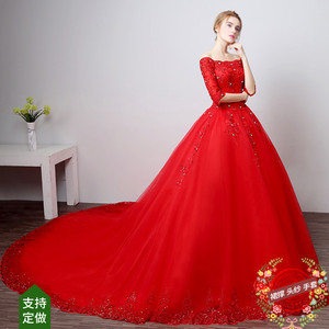 2019新款大红色婚纱复古中式一字领镶钻高档大裙摆长拖尾新娘礼服