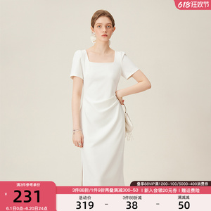范思蓝恩法式方领气质小白裙女夏季2024新款修身短袖礼服连衣裙