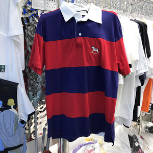 2022夏季拼色红蓝条纹polo领上衣简约棉质刺绣小马短袖t恤女休闲
