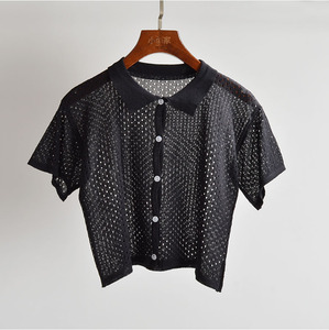 黑色翻领纽扣冰丝小短款t恤上衣开线女镂空透视性感针织罩衫外套