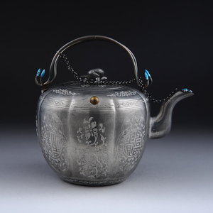 回流中国古董 罕见带上海凤祥珐琅银梁的同兴足点双提梁锡壶