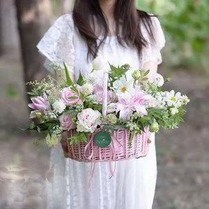 藤编花篮手提皮革手柄原色粉色花艺篮插花花店用品送人小编织