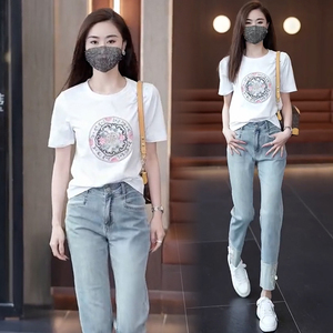 新中式国风牛仔裤套装女2024夏季洋气质圆领T恤九分直筒裤两件套