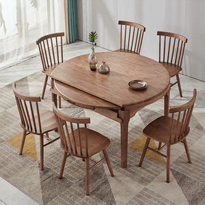 北欧伸缩圆桌餐桌实木折叠桌椅组合圆形饭桌家用白蜡木家具吃饭桌