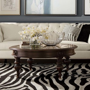 美式实木家具伊森艾伦茶几桌复古实木雕刻圆形藤艺玻璃茶几咖啡桌