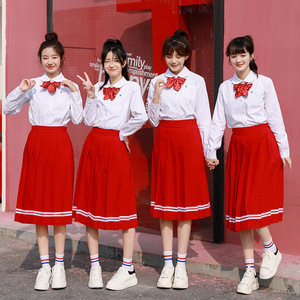 春夏短袖泰国风学生校服少女学院风班服校园运动会红裙表演服套装