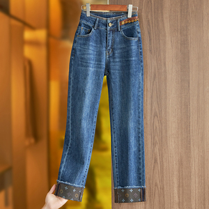 侧链条卷边牛仔裤女2022年秋冬加绒加厚时尚洋气显瘦百搭小直筒裤