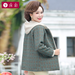 妈妈春装格子毛呢外套中年女春秋薄款风衣中老年洋气短款连帽上衣
