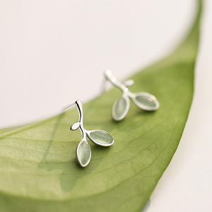 s925纯银嫩芽耳钉文艺复古树叶耳环森系清新叶子耳饰品女礼物学生
