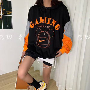 zw卓娃2021秋新款连帽撞色抽绳刺绣宽松钩子款字母卫衣女上衣5223