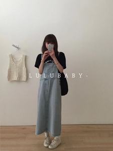 Lulubaby韩国代购通勤大口袋休闲软料中长款牛仔背带裙女2024春新