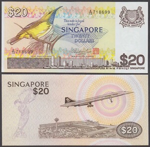 全新unc 1979年 新加坡20元 纸币 鸟版 p-12