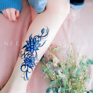 neeio纹身贴 妖魅蓝莲花藤蔓 古风仙女荷花小腿遮疤痕大图 防水女