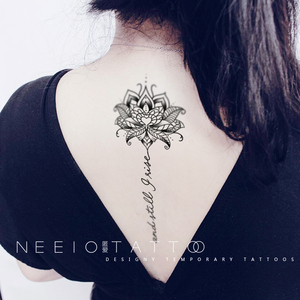 neeio纹身贴 梵花图腾英文 瑜伽莲花黑色线条后背脊柱小腿 防水女