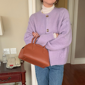 奶芋紫色毛衣外套女圆领麻花秋冬外穿宽松慵懒软糯小个子针织开衫