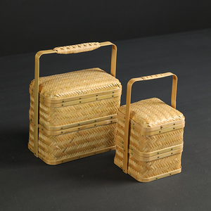 竹编双层提梁小盒原色食盒糕点水果零食茶具收纳桌面茶道复古装饰