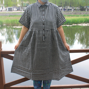雪蓝杉h088夏季短袖长款衬衫大码棉麻格子女装雪蓝衫宽松外套服装