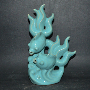 宋汝窑天青釉金鱼造型摆件 做旧仿宋代古瓷器瓶 古玩古董陶瓷收藏