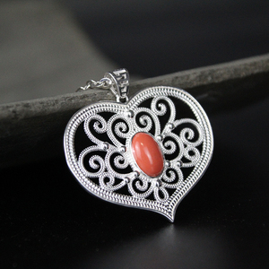 925银吊坠蒙古族草原民族风项链爱心型大银吊子藏族新疆特色首饰