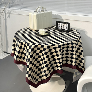 棋盘格桌布ins轻奢复古风长方形圆桌餐桌条纹格子茶几布台布桌垫