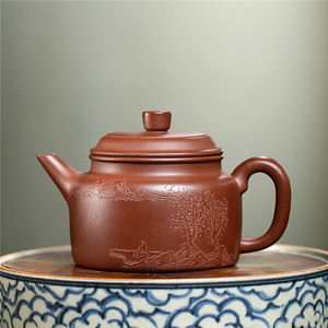 宜兴紫砂壶吴俊手工刻绘山水国画剑流德钟泡茶壶原矿紫泥功夫茶具