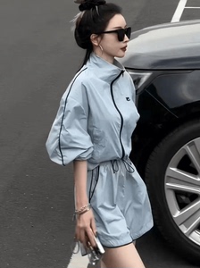 韩版宽松休闲长袖防晒运动套装女2024夏季立领开衫外套短裤两件套