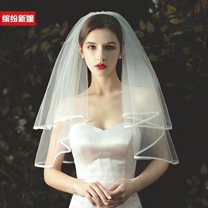 双层短款简约欧美新娘结婚礼服婚纱头纱精致包边带梳高级感头纱