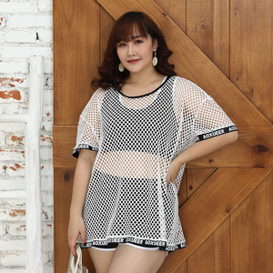 大码泳衣女渔网胖mm分体三件套宽松显瘦遮肚温泉泳装