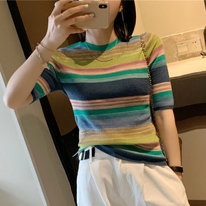 时尚彩虹条纹冰丝短袖t恤针织衫女夏修身中袖弹力打底五分袖上衣