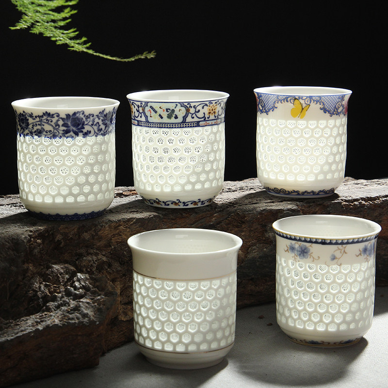 靑花陶瓷单层茶杯防烫茶杯空心杯水杯办公个人单杯手绘玲珑杯包邮
