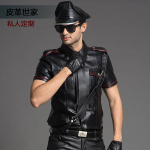 高端定制真皮小牛皮短袖制服皮革爱好者尚品型男舞台游戏皮衣男潮