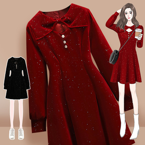 本命年红色女装时尚订婚连衣裙女冬新年战袍过年喜庆衣服小红裙春