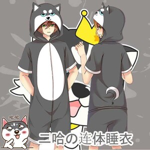二次元哈士奇动物连体睡衣夏装薄款男女卡通动漫情侣纯棉短袖短裤
