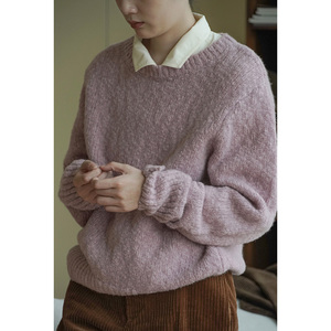 意大利工艺大肚纱 颗粒混色羊毛 粉紫色套头毛衣针织衫 包邮不