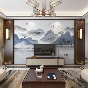 新中式大气影视墙5d山水画电视背景墙壁纸客厅壁布中式3d立体壁画