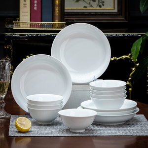 景德镇高白瓷碗盘组合家用釉下彩陶瓷四人碗碟套装简约高温瓷餐具