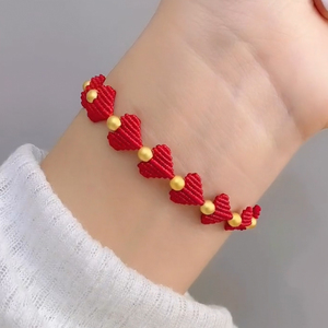 黄金小金珠心连心手链女手工编织红绳爱心手绳2022新款送女友礼物