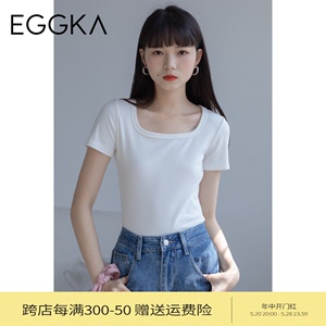 EGGKA白色方领短袖T恤女修身夏秋季圆领体恤打底正肩长袖短款上衣