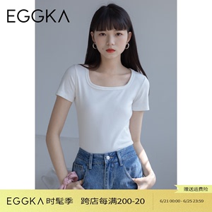 EGGKA白色方领短袖T恤女修身夏秋季圆领体恤打底正肩长袖短款上衣