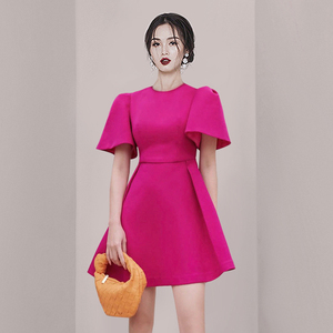 走秀款玫约色a字连衣裙2夏新款法式气质圆领喇叭袖收腰显瘦礼服裙