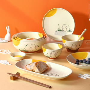 皓月兔中式陶瓷碗碟套装手绘家用2024新款餐具高级感送礼碗筷碗盘