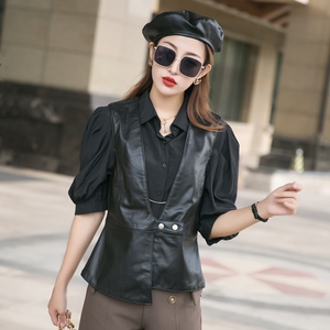 2022新款绵羊皮真皮马甲女不规则无袖皮衣坎肩修身短款工装小背心