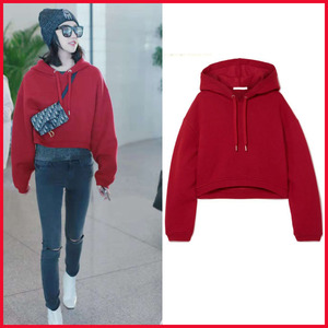 景甜明星同款衣服女红色短款卫衣女秋厚款2018新款加厚加绒高腰