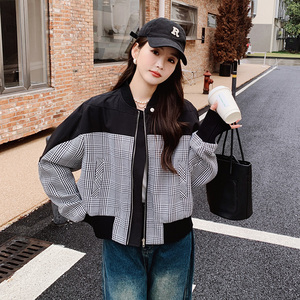 格子拼接短款小外套女春秋2023韩版宽松显瘦棒球服小个子夹克上衣