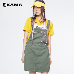 KAMA女装 卡玛春季纯色高腰背带裙短裙半身裙A字裙子中长7
