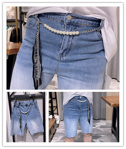 胖淼淼大码渐变色毛边牛仔裤 珍珠腰链薄款松紧腰宽松阔腿五分裤