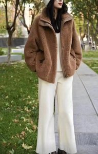 女装 2023冬季新款骆驼绒羊毛剪绒泰迪大衣外套 里衬羊毛针织