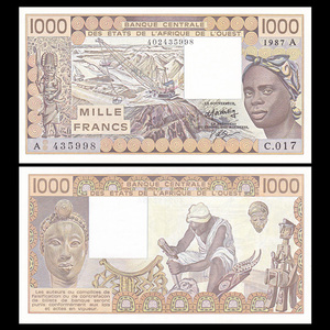 全新unc- 西非(科特迪瓦)1000法郎 纸币 a冠 1987年 p-107ah