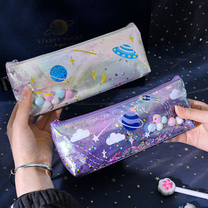 流沙笔袋樱花少女透明大容量女抖音液体可爱独角兽三角文具化妆包